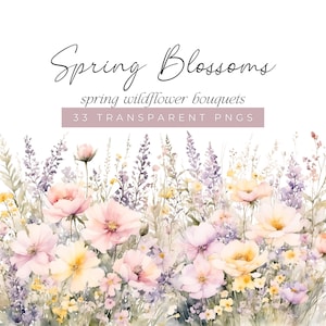 Frühlings-Wildblumensträuße, rosa, lila, und gelbe Blumen Clipart, Blume PNG grafische Illustrationen für Hochzeit Schreibwaren und Einladungen
