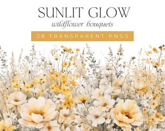 Yellow and White Watercolor Wildflower Clipart: Spring Floral Bouquets (PNG Digital Download)