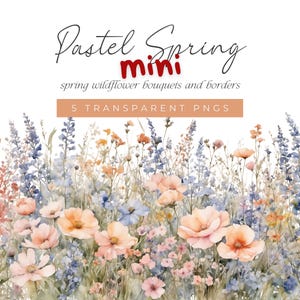Imágenes prediseñadas de prado de flores de primavera en tonos melocotón, rosa y azul suave, imágenes prediseñadas de flores de primavera en tonos pastel, ramos y bordes de flores silvestres en acuarela