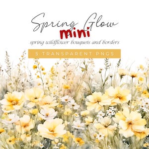 Imágenes prediseñadas de flores de acuarela de color amarillo suave, imágenes prediseñadas de flores de primavera amarillas, ramos y bordes de flores silvestres, prado amarillo claro y blanco