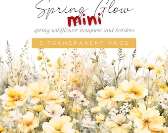 Soft Yellow Watercolor Floral Clip Art, Yellow Spring Floral Clipart, Wildflower Bouquets and Borders, Light Yellow and White Meadow