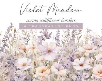 Purple Spring Watercolor Floral Clipart, Violet, Beige and White Wildflower Bouquets, Elegant Light Flower Clip Art