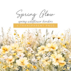 Lente gele bloemen illustraties, aquarel wilde bloemen randen, zacht gele aquarel bloemen randen lichtgele en witte weidebloemen