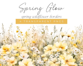 Spring Yellow Floral Clip Art, Watercolor Wildflower Borders, Soft Yellow Watercolor Floral Edges Light Yellow and White Meadow Flowers
