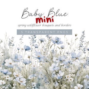 Baby Blue Floral Clipart, Watercolor Wildflower Bouquets and Border, Soft Baby Blue Watercolour Flower Graphics, Spring Floral Illustrations