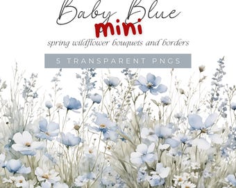 Baby Blue Floral Clipart, Watercolor Wildflower Bouquets and Border, Soft Baby Blue Watercolour Flower Graphics, Spring Floral Illustrations