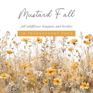 Clipart de flores amarelas e marrons mostarda, clipart de buquê de flores silvestres de outono em aquarela e bordas, clipart de prado floral de outono amarelo