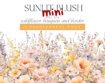 Pink and Yellow Watercolor Floral Clipart – Pastel Wildflower Bouquets & Border PNG Set