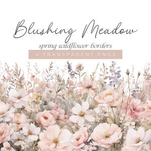 Aquarell Frühling Floral Bordüren, Pastell Wildblumen Clipart, elegante Blüten Kanten, Blush Wiese Bordüre Designs, weiche florale Illustrationen