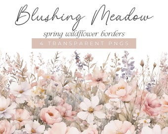 Aquarell Frühling Floral Bordüren, Pastell Wildblumen Clipart, elegante Blüten Kanten, Blush Wiese Bordüre Designs, weiche florale Illustrationen