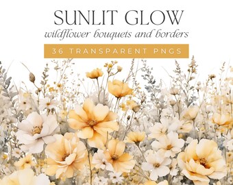 Watercolor Wildflower Clipart – Yellow Floral Bouquets & Seamless Borders (Transparent PNGs)