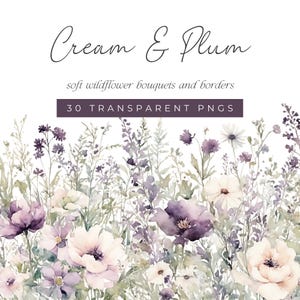 Creme und Pflaume Lila Blumen Aquarell Clipart, weiche Wildblumensträuße und Ränder, Aquarell Blumen Clip Art, lila und weiße Blumen