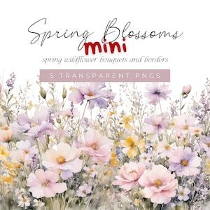 Buquês e bordas de flores silvestres em aquarela de primavera, clipart floral de primavera rosa claro, roxo e amarelo, gráficos PNG de flores em aquarela