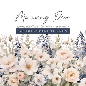 Soft Blue and White Watercolor Floral Clipart, Wildflower Bouquets and Border Wedding Graphics, Watercolour Spring Flower Illustrations