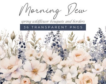 Soft Blue and White Watercolor Floral Clipart, Wildflower Bouquets and Border Wedding Graphics, Watercolour Spring Flower Illustrations