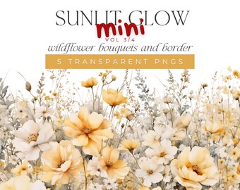 Watercolor Wildflower Clipart – Floral Clip Art 5 Yellow and White Bouquets & Border PNG