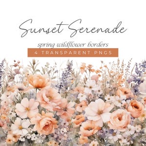 Frühlings-Wildblumenränder, dunkler Pfirsich, Orange, Lila und Weiß mit floralen Kanten Clipart, grafische Illustrationen für die Hochzeit