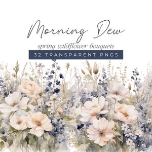 Soft Blue and White Watercolor Floral Clipart, Wildflower Bouquets and Border Wedding Graphics, Watercolour Spring Flower Illustrations