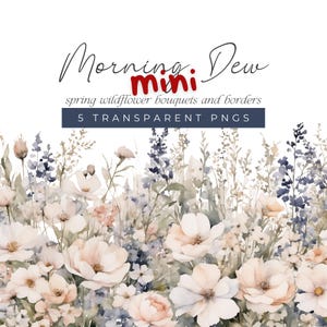 Wildflower Bouquets and Border Wedding Graphics, Soft Blue and White Watercolor Floral Clipart, Spring Flower Illustrations