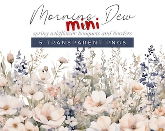 Wildflower Bouquets and Border Wedding Graphics, Soft Blue and White Watercolor Floral Clipart, Spring Flower Illustrations