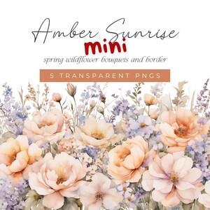 Amber Pfirsich, Lila und Creme Wildblumen, Frühlingsblumenstrauß und Rand Clipart, Hochzeitsblume Clip Art, Warme Pastell Aquarell PNGs