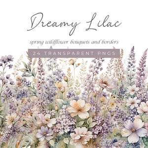 Soft Purple Floral Clipart, Lilac Watercolor Wildflower Clipart, Light Purple Lilac Watercolor Flower Bouquets, Wildflower Meadow Borders