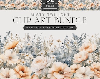 Watercolor Flower Clip Art: Burnt Orange & Blue Floral Bouquets (PNG Digital Download)