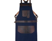 Top Grain Leather Blue Canvas Apron Butcher Apron - Cook Apron - BBQ Apron - Cooking Apron - Blacksmith Apron - Woodwork Apron - Christmas