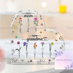 Personalized Mother, Grandma Heart Acrylic Plaque, First Mom Now Grandma Birth Month Flowers Acrylic Plaque, Gift From Kids