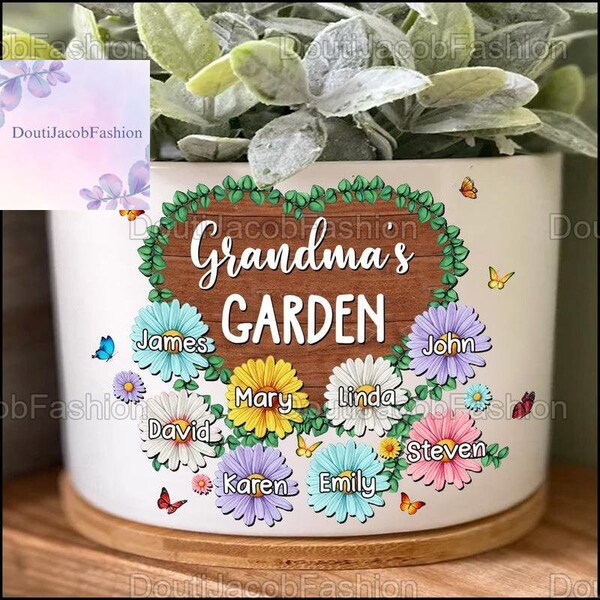 Grandma's Garden Colorful Flowers Plant Pot, Personalized Plant Pot, Ceramic Plant Pot, Outdoor Planter