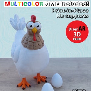 Könnte beinhalten: Ein weißes 3D-gedrucktes Modell eines Cartoon-Huhns mit braunen Federn und orangefarbenen Füßen. Das Huhn hält zwei weiße Eier. Das Bild enthält den Text "MULTICOLOR .3MF Included! Print-in-Place No supports DiseñAR 3D FLEXI .STL -Digital Download- for 3D Printing"