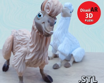 May include: Two 3D printed llama figurines, one in white and one in brown, with the text "MULTICOLOR .3MF Included! Print-in-Place No supports DiseñAR 3D FLEXI .STL -Digital Download- for 3D Printing"