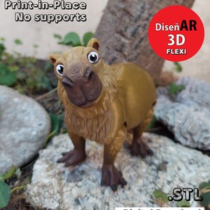 May include: A 3D printed model of a capybara, a large rodent native to South America. The model is brown and has a realistic texture. The model is printed in place and does not require supports. The model is available for digital download in STL format for 3D printing.