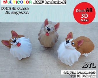 Può includere: Tre modelli stampati in 3D di un cane dei cartoni animati in diversi colori. Il cane è un corgi con un petto bianco e un pelo marrone e bianco. I modelli sono stampati in posizione senza bisogno di supporti. Il testo "MULTICOLOR .3MF Included!" è nella parte superiore dell'immagine. Il testo "Print-in-Place No supports" è sotto il primo modello. Il testo "DiseñAR 3D FLEXI" è in un cerchio nella parte superiore destra dell'immagine. Il testo ".STL -Download digitale- per la stampa 3D" è nella parte inferiore dell'immagine.