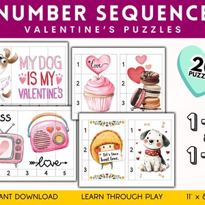 Puzzel leren tellen, afdrukbare activiteit Valentijnsdag, cijferherkenning voorschoolse, Montessori-hulpmiddel, educatieve downloads voor peuters