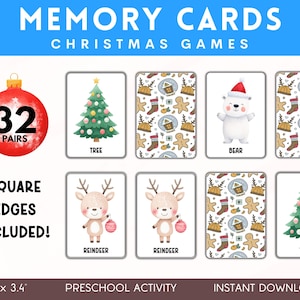 May include: Christmas-themed memory card game with illustrations of a Christmas tree, reindeer, and a polar bear. The game includes 32 pairs of cards with square edges. The text on the image says "Memory Cards" and "Christmas Games". The cards measure 2.5" x 3.4".