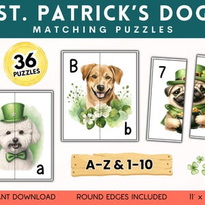 Actividad imprimible del Día de San Patricio, juego de emparejamiento de perros, rompecabezas del alfabeto, reconocimiento de letras, rompecabezas de números, descarga digital educativa