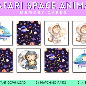 Gioco di memoria per bambini, carte di abbinamento con animali del safari, tema spaziale, attività stampabile per bambini piccoli, centri prescolari, momento di tranquillità