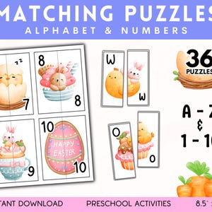 Cartes assorties aux œufs de Pâques, casse-têtes de l'alphabet, reconnaissance de lettres majuscules et minuscules, compte jusqu'à 10, reconnaissance de chiffres, jeux à imprimer