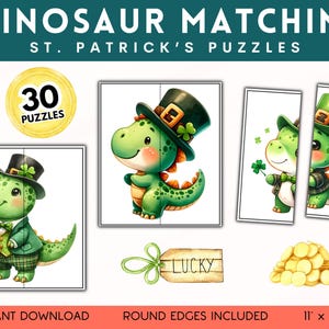 Puzzles assortis de dinosaures, activité imprimable pour la Saint-Patrick, cartes de correspondance de dinosaures, reconnaissance de bagarre, téléchargement amusant pour les tout-petits, préscolaire