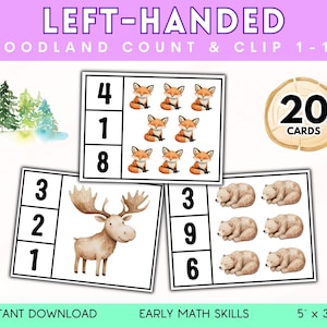 Schede di conteggio degli animali del bosco, Risorse per mancini, Educazione plastificata, Apprendimento Montessori, Matematica precoce, Materiali stampabili per mancini, Digitale