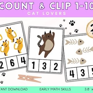Carte da gioco con numeri e ritagli per gatti da 1 a 10, Amanti dei gatti, Matematica prescolare, Attività di conteggio Montessori stampabile, Educazione digitale, Strumento di apprendimento per bambini piccoli