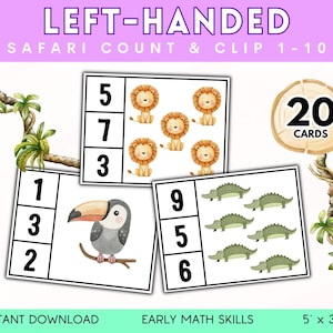 Safari-tel- en clipkaarten, linkshandige printables voor kinderen, jungledieren, wiskundige activiteit voorschoolse, leermiddel voor linkshandige kinderen