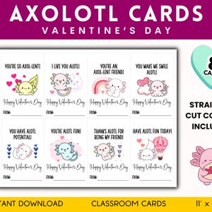 Axolotl-Valentinstagskarten, Valentinstagsgeschenkanhänger fürs Klassenzimmer, Valentinstagskarten für Kinder, Austausch von Klassenkameradengeschenken, druckbare PDF, lustige Axolotl-Worte
