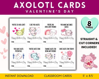 Axolotl-Valentinstagskarten, Klassenzimmer-Börse, Kinderparty, Valentinstag-Geschenkanhänger, Goodie-Bags, Karte für Freunde, lustige Axolotl-Wortspiele, PreK