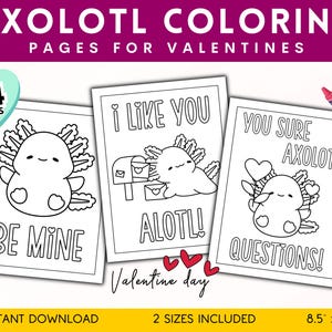 Dibujos para colorear de axolotl, dibujos para colorear para niños, tarjetas de San Valentín, actividades para el día de San Valentín para imprimir, actividades para las fiestas, descarga digital