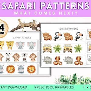 Peut inclure: Un jeu éducatif imprimable avec des motifs d'animaux de safari. L'image comprend des illustrations d'animaux comme des lions, des éléphants et des zèbres, ainsi que le texte "Safari Patterns" et "What Comes Next ?" La taille est de 27,9 cm x 21,6 cm.