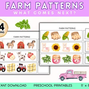 May include: A set of 24 printable farm-themed pattern cards for preschoolers. The cards feature images of farm animals, barns, hay bales, tractors, apples, sunflowers, llamas, corn, and jars of jam. The text "FARM PATTERNS WHAT COMES NEXT?" is at the top of the page.