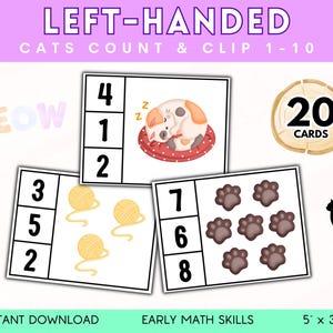 Kaarten voor het tellen en knippen van katten, linkshandige activiteiten voor kinderen, kattenliefhebbers, flashcards voorschoolse educatie, vroege wiskunde, hulpmiddel voor linkshandig leren, digitaal