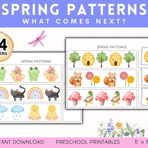 Könnte beinhalten: Ein druckbarer Satz von 24 Frühlings-Musterkarten für Vorschulkinder. Die Karten zeigen Bilder von Regenbögen, Katzen, Wolken, Regentropfen, Blumen, Bienen, Eichhörnchen, Pilzen und Enten. Der Text "Spring Patterns What Comes Next?" steht oben auf der Seite.
